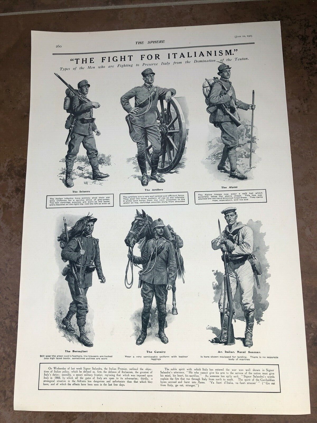 ww1 full page print . types of italian fighting men ( illustrated )
