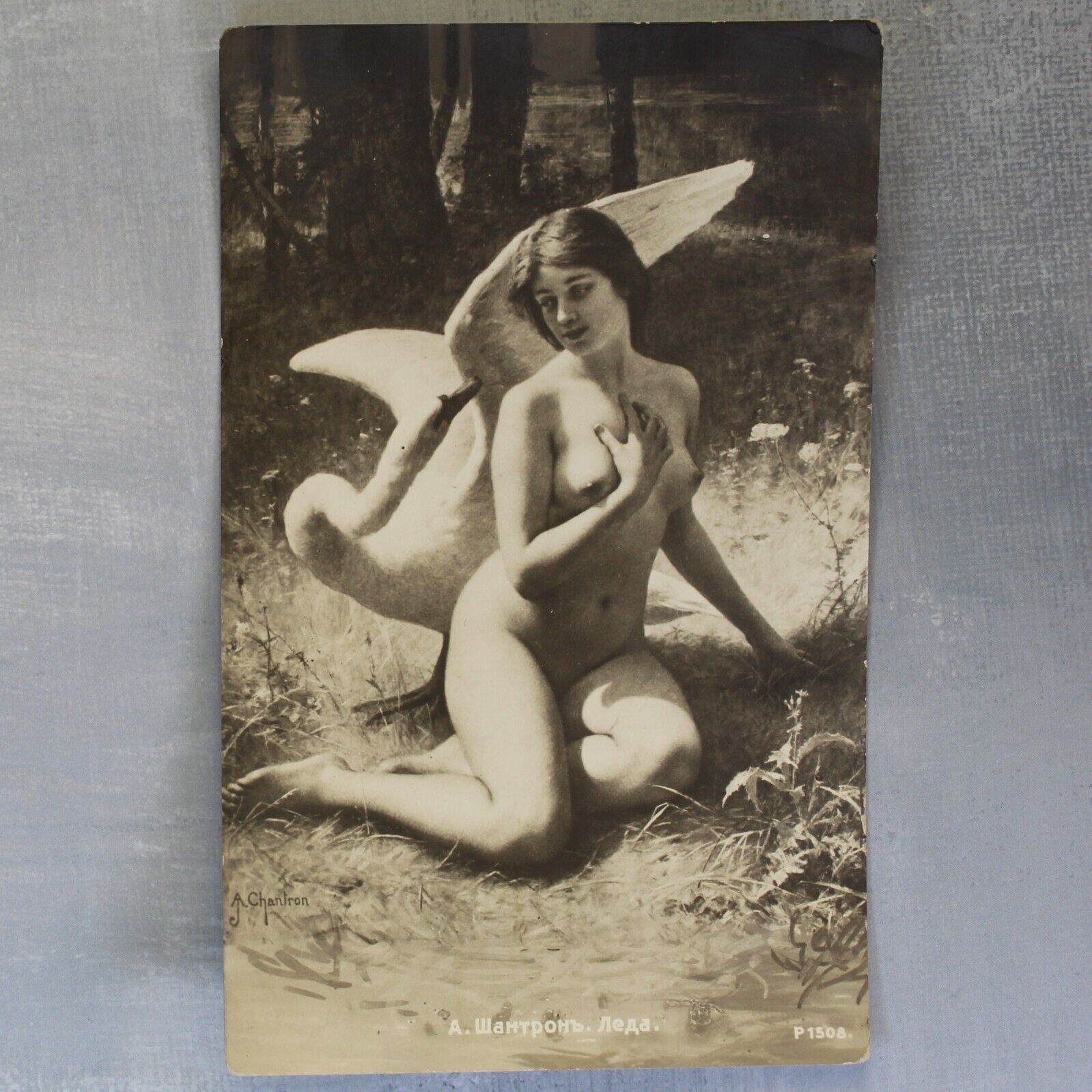 Nude nymph Beautiful Leda. White Swan LOVE. Tsarist Russia postcard 1909s🌺