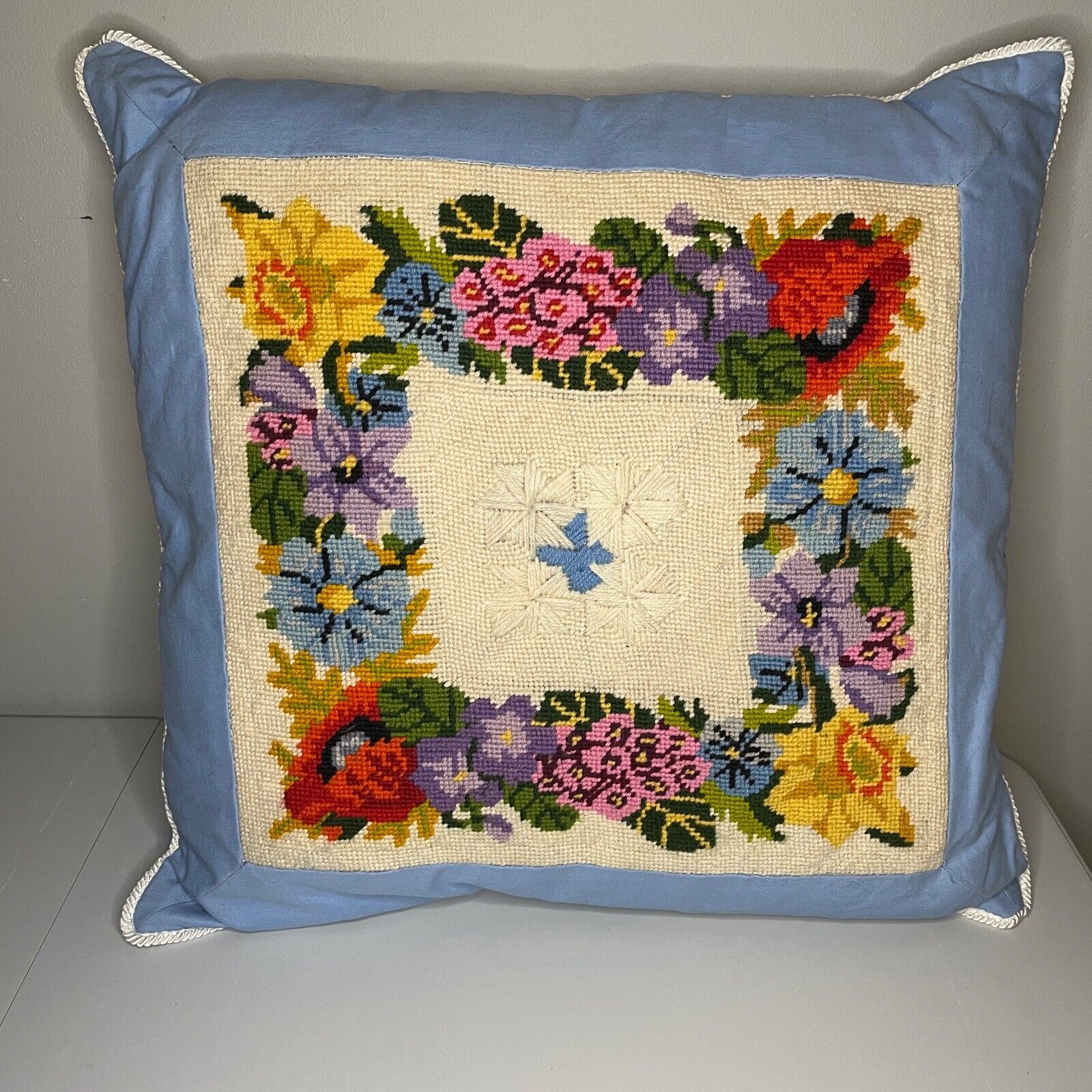 Vintage Handmade Needlework Pillow Case Sham with Throw Pillow Floral 19x19