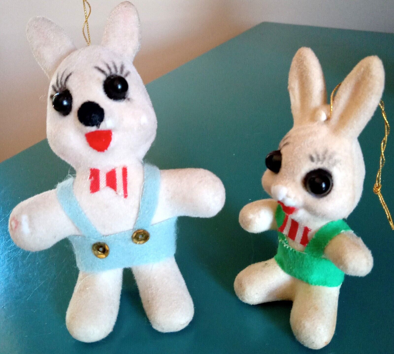 2 Vintage Fuzzy Flocked Felt Easter Big Eye Long Lashes Bunny Rabbit Ornaments