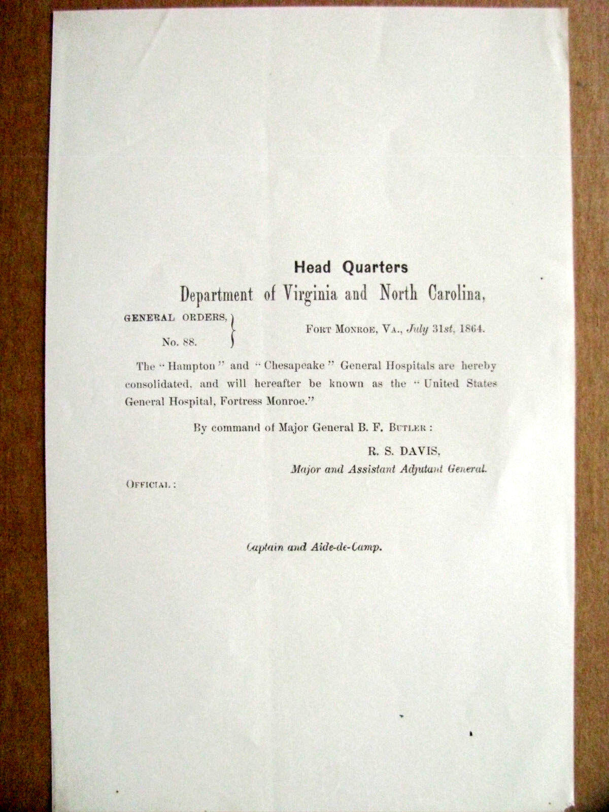  VIRGINIA CIVIL WAR HAMPTON MILITARY HOSPITAL 1864 ORDER