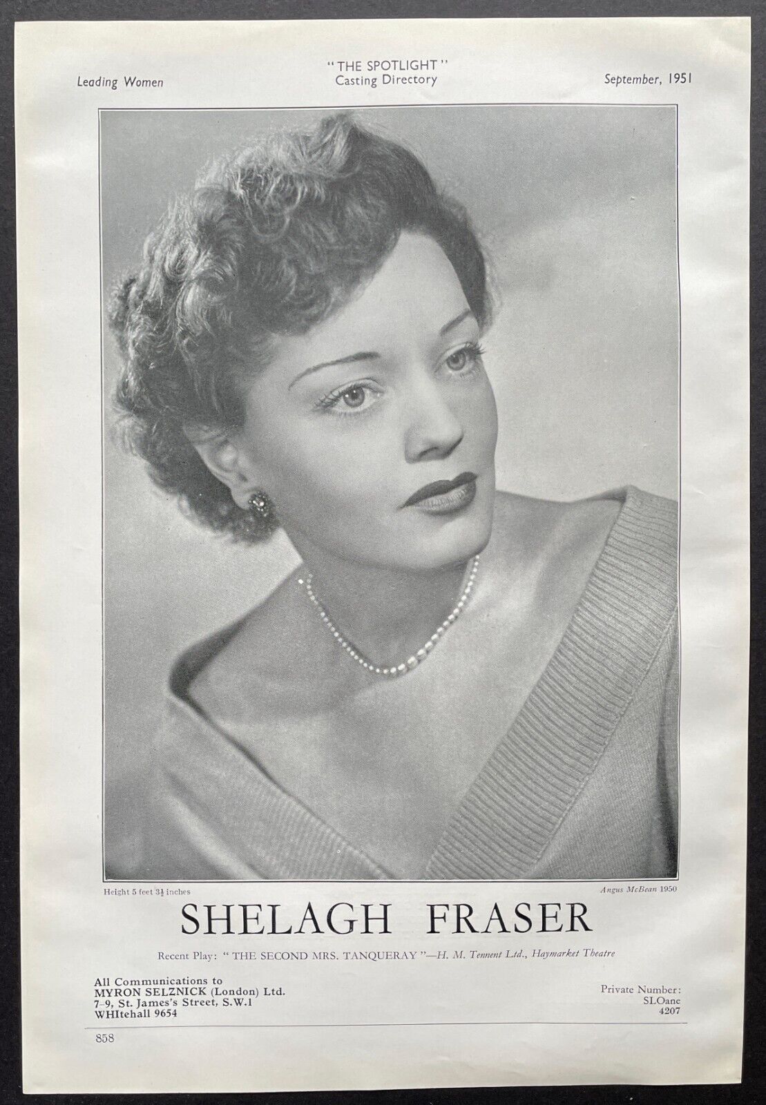 SHELAGH FRASER / SANDRA DORNE Rare Vintage Acting Agency Page from 1951