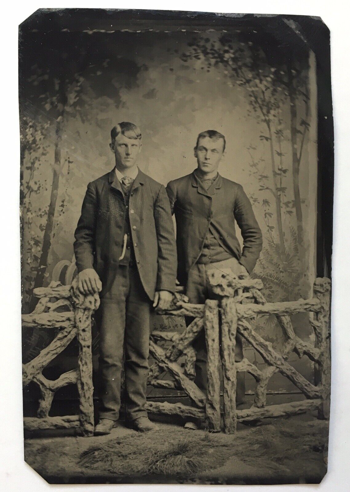 Antique Tintype Photograph Handsome Young Men Standing at Gate Fence Tin Type