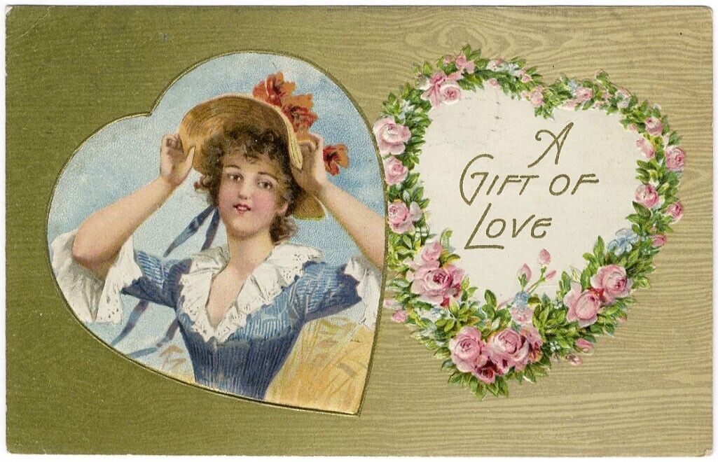 VALENTINE LADY Heart of Pink Roses 1908 Winsch Back Postcard Love Greeting