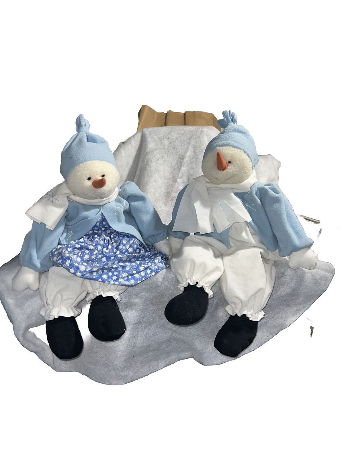 Snowman Couple Vintage Dressed in Pale Blue Outfits Large Size