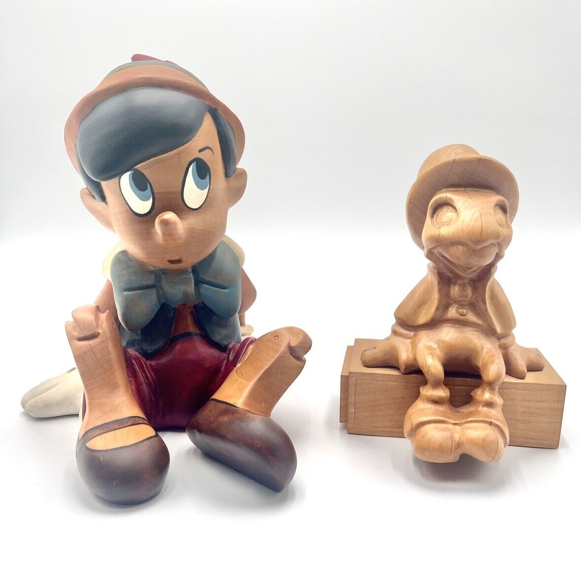 Walt Disney Pinocchio Wooden Statue Figurine & Jiminy Cricket On His Matchbox