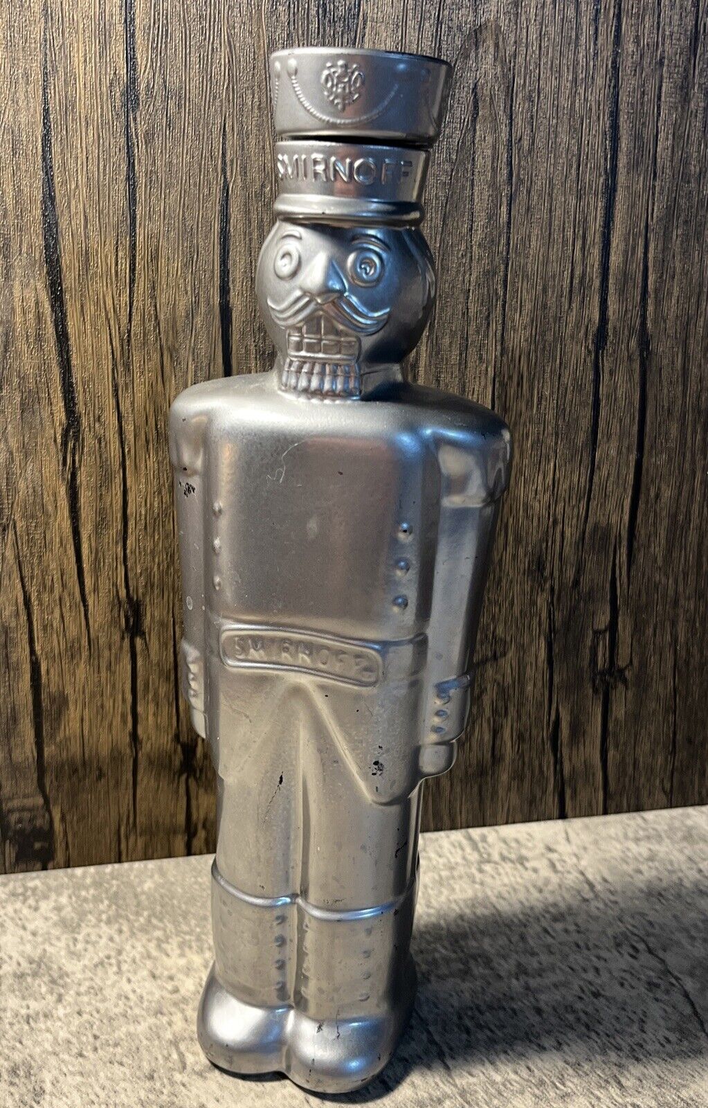 1998 Smirnoff Nutcracker Toy Soldier Glass Bottle/Decanter EMPTY Painted Silver