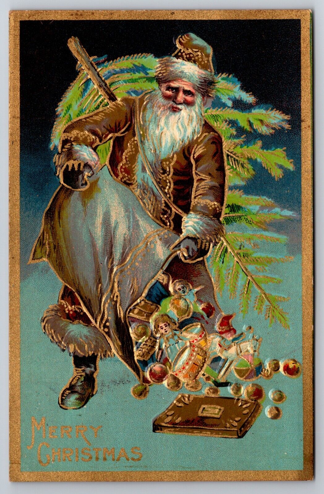 Merry Christmas Old World Santa Claus Brown Robe Toys c1910 Postcard