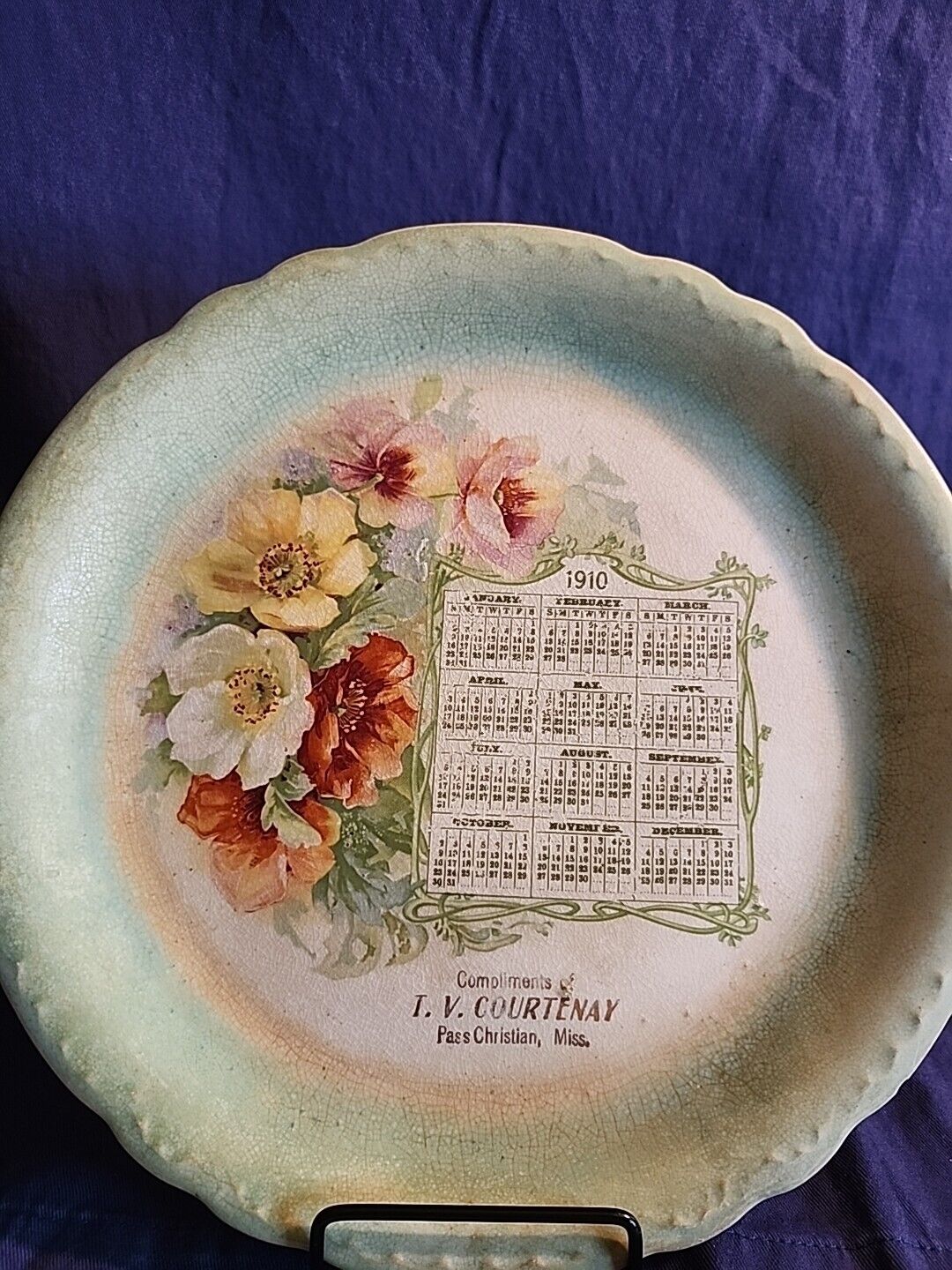 Antique 1910 Calendar Embossed Green & White Floral Plate Compliments...