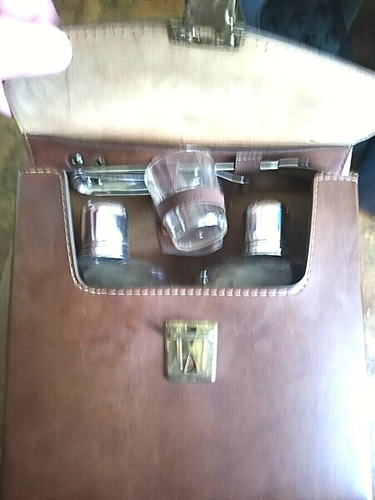 Vintage Travel Bar Leather Case 2 Glass Liquor Decanters 6 piece Set 
