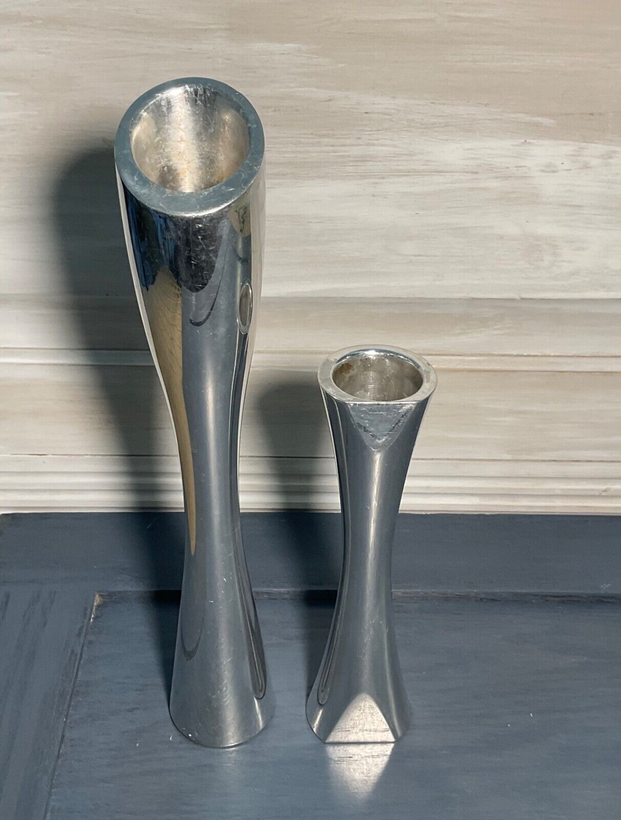 Lot 2 Nambe Studio Bud Vases 11.5”, 7.5” Aluminum Alloy Minimalist Modern Art