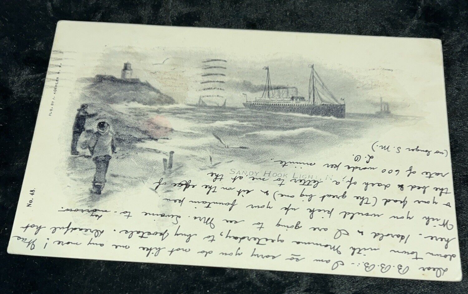 Sandy Hook , New Jersey Lighthouse and Steamship Artist Drawn 1906 Postcard