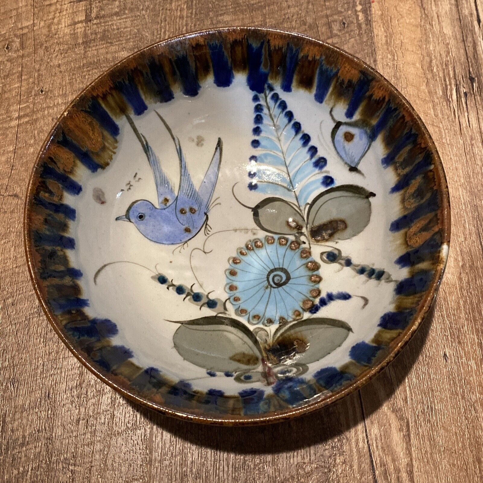 Vintage Ken Edwards Floral Blue Bird 9” Serving Bowl Mexico Pottery Signed