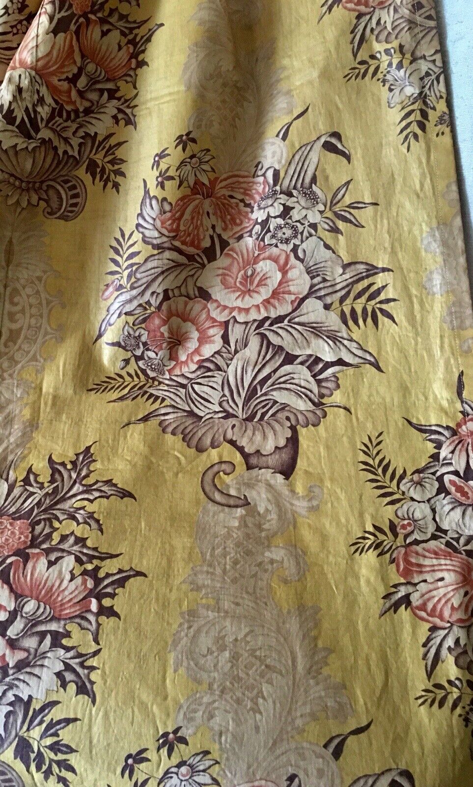Rare Antique Early 19th C English Cornucopia Floral Chintz Cotton Fabric~Mustard