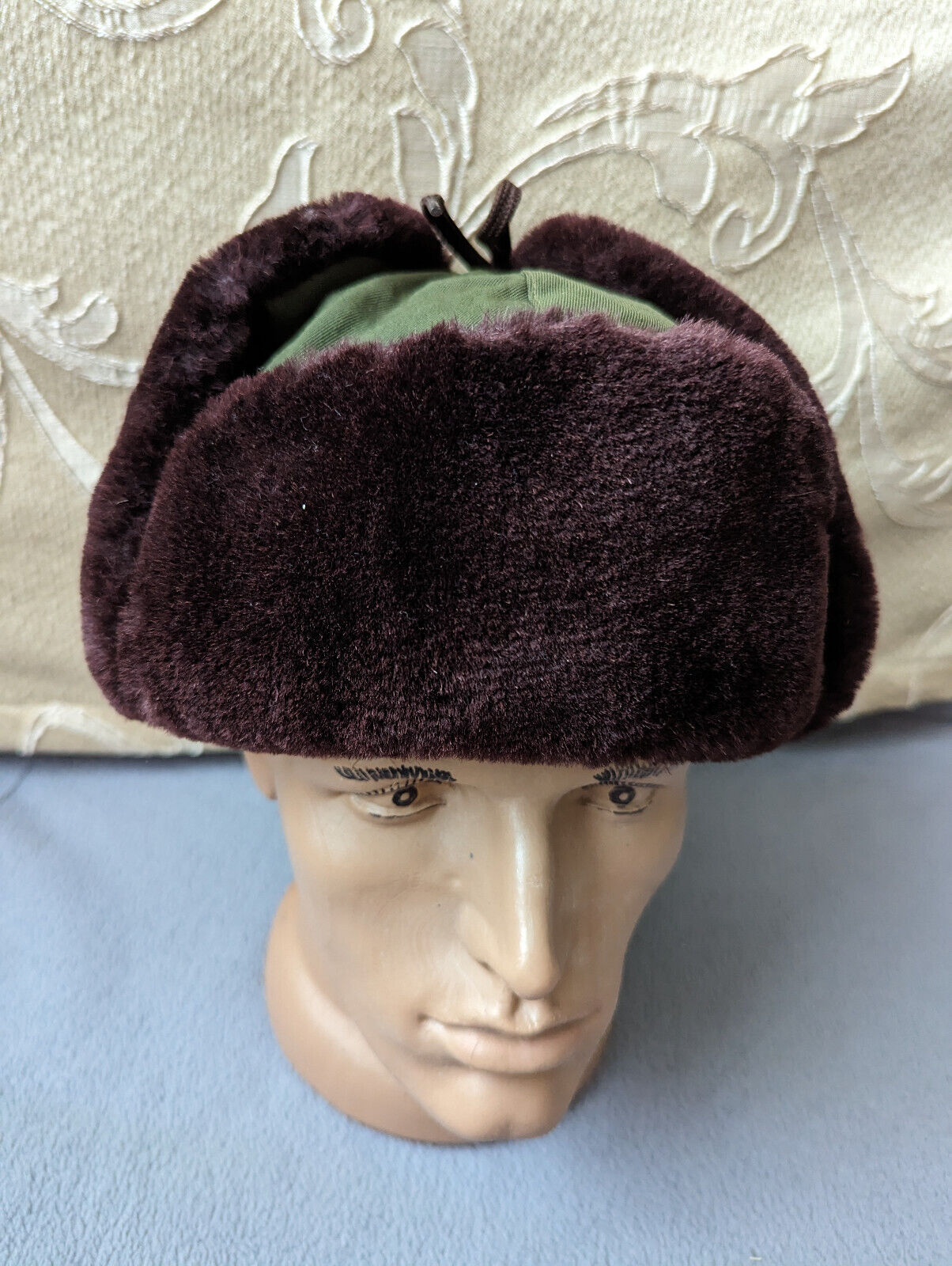 Vintage Chinese Army Winter Hat 70s Tag Size 62 Green Brown