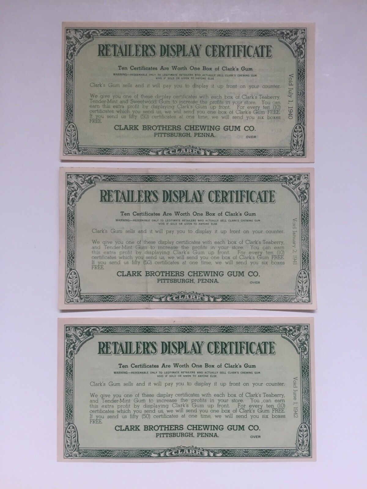 Vintage Lot Clark Brothers Chewing Gum Retailers Display Certificate Pittsburgh