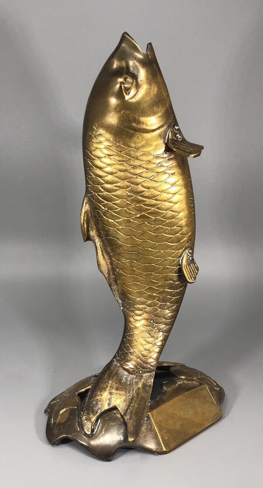 Vintage MidCentury Leaping Bass Koi Fish Solid Brass Statue Figurine Trophy