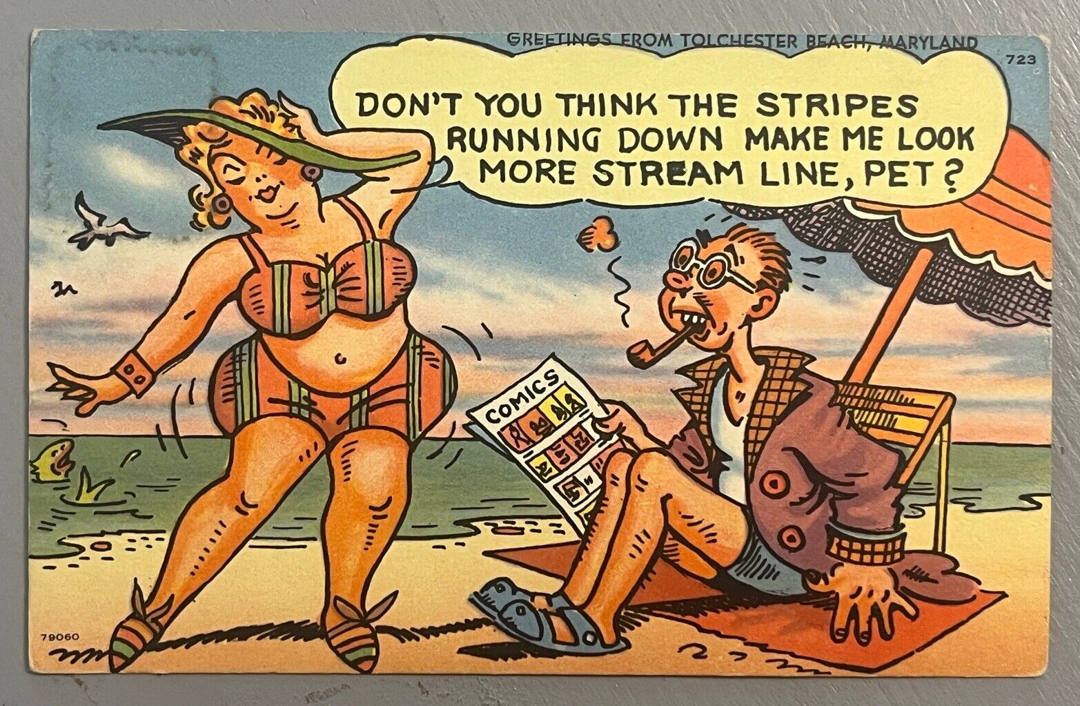 Comic Postcard BBW Fat Woman Big Butt Striped Swimsuit Beach Linen VJ
