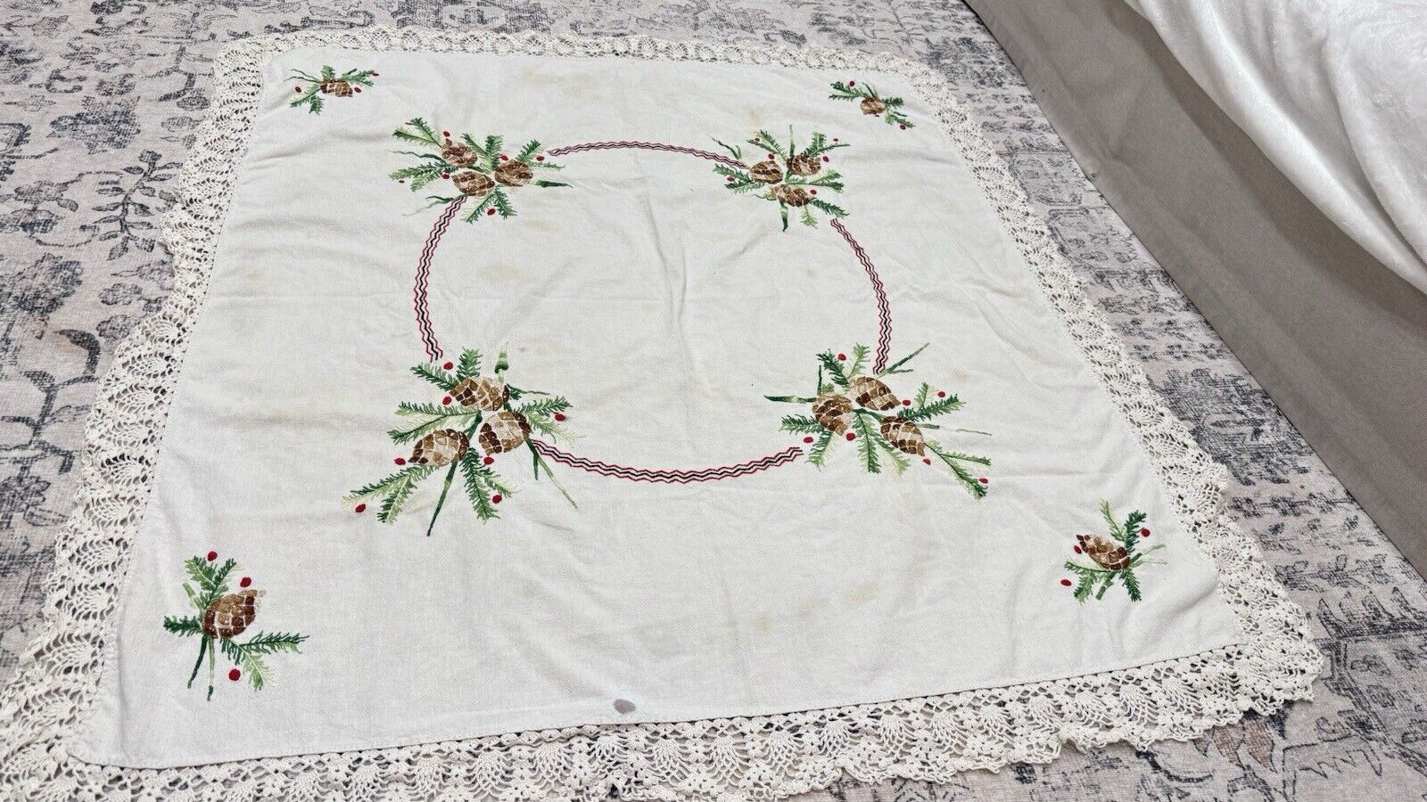 Vintage 1950s Hand Embroidered Crochet Linen Blend Christmas Tablecloth 51”x49”h