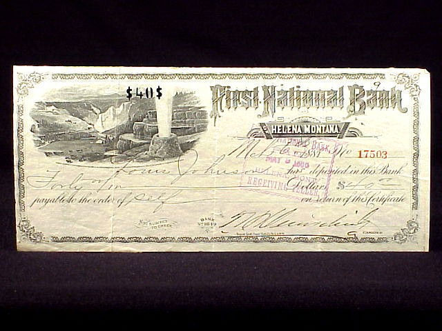 FIRST NATIONAL BANK OF HELENA, MONTANA - 1888 CHECK