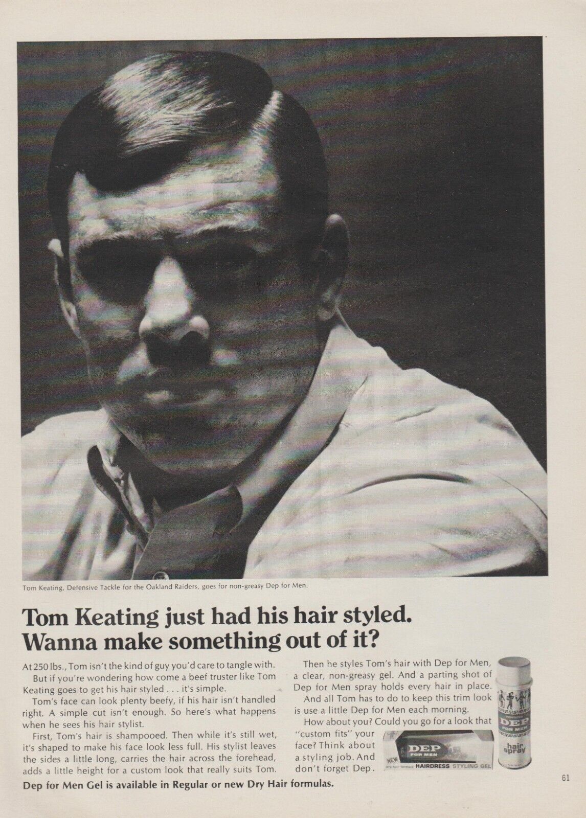 1967 Dep Hair Gel / Spray - NFL Oakland Raiders Tom Keating - Print Ad Photo