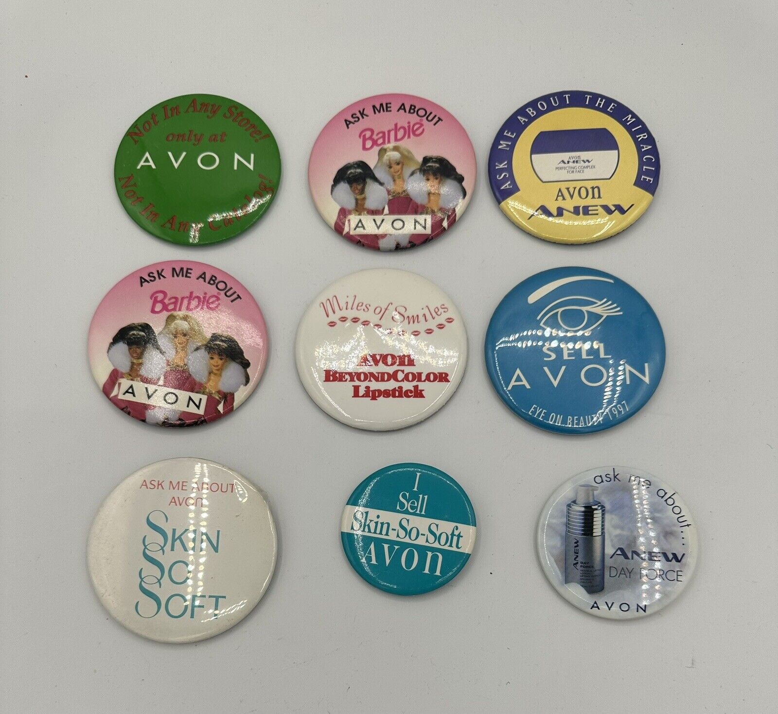 Avon Rep Pinbacks (lot of 9) 1990’s Vintage Advertising Pins Barbie Avon Pin