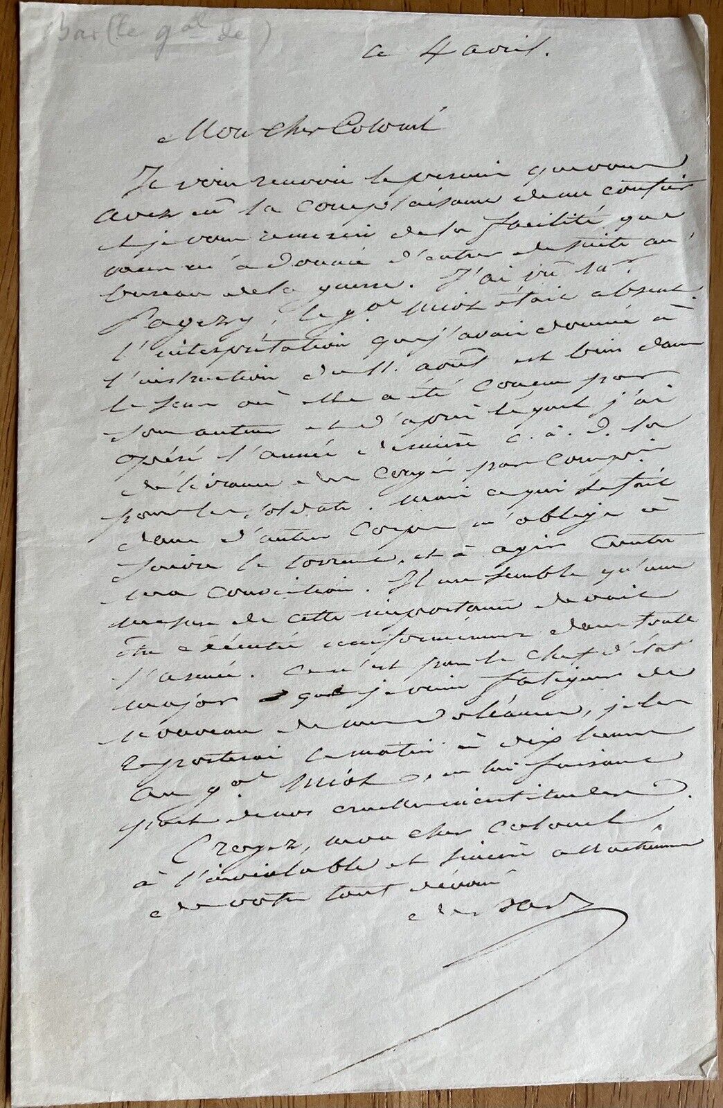 French General at Waterloo Adrien Aimé Fleury de Bar Autograph Letter