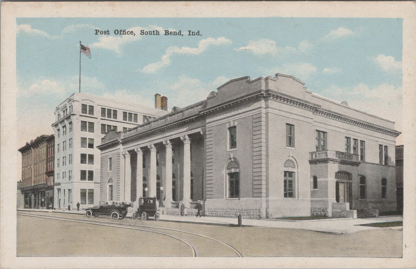 Post Office South Bend IN Trolley Tracks Autos Indiana c1920s WB postcard G898