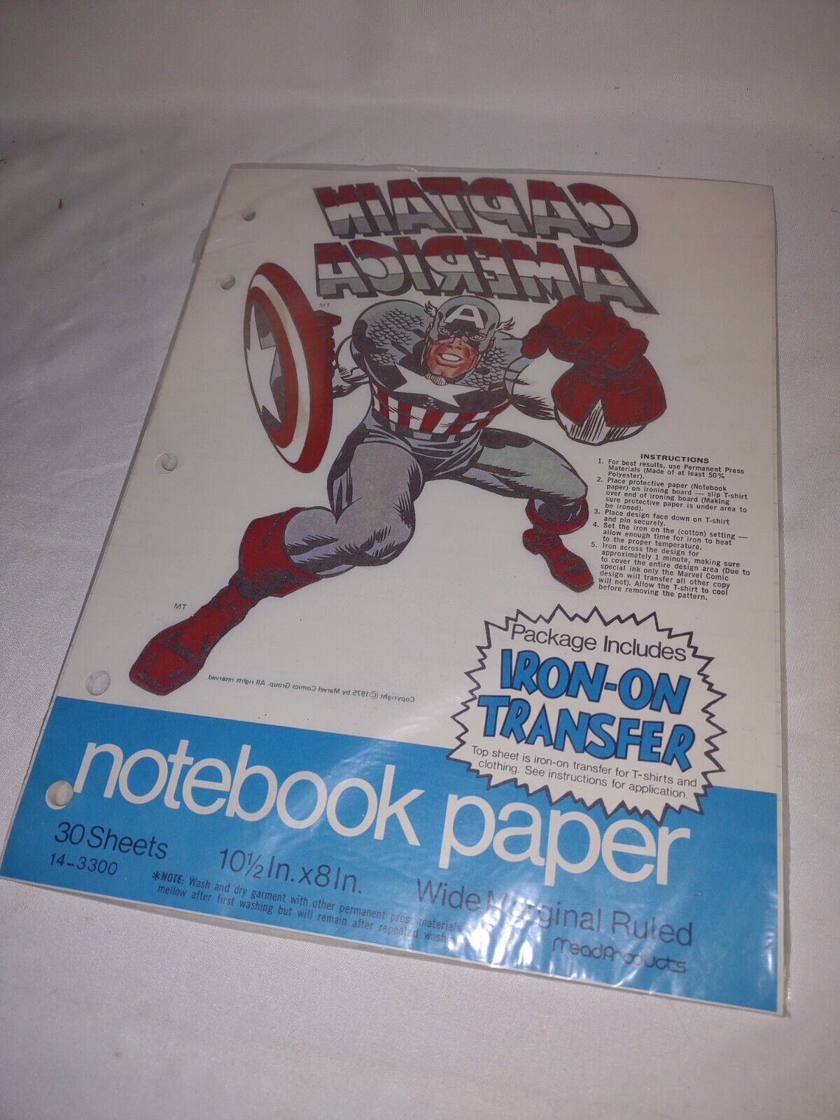 RARE 1975 MEAD Notebook Paper with FREE CAPTAIN AMERICA IRON ON TRANSFER~SEALED