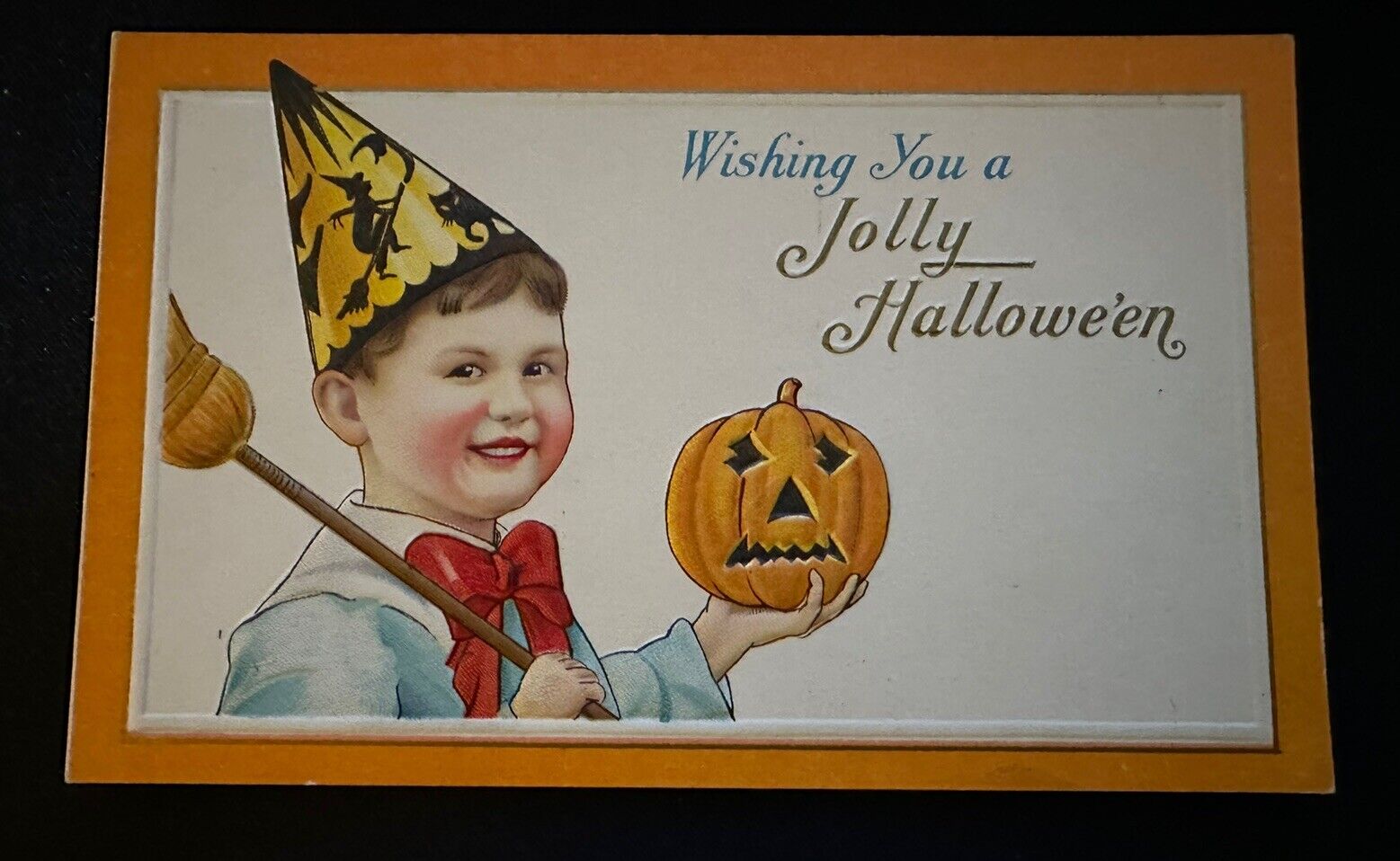 Boy with Witch Hat~JOL Pumpkin~ Broom Antique Jolly  Halloween Postcard~h971