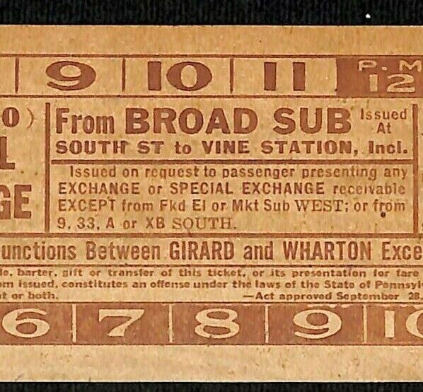 Vintage c1940's-50's Ticket - Philadelphia Transit Co. To Vine Station #18000