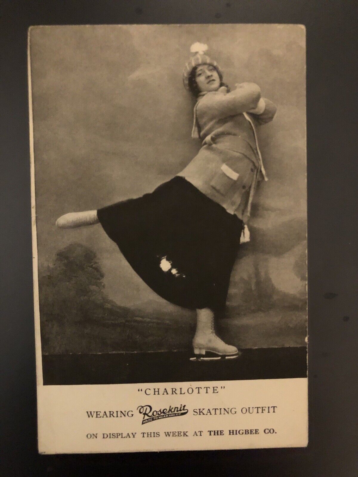Vintage Postcard- Charlotte Wearing Roseknit Skating Outfit At The Higbee Co.