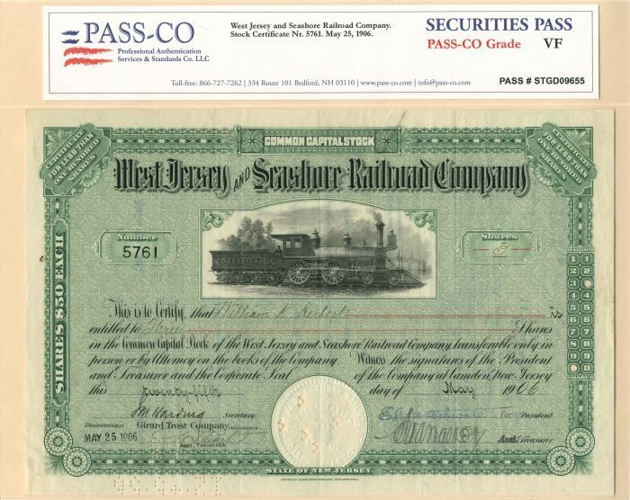West Jersey and Seashore Railroad Company - Stock Certificate (Green)