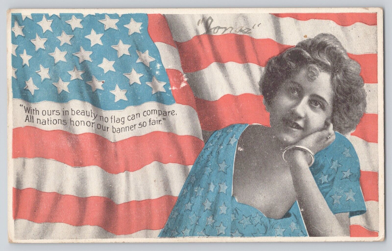Postcard American Flag Beautiful Young Lady History of the Stars & Stripes 1908