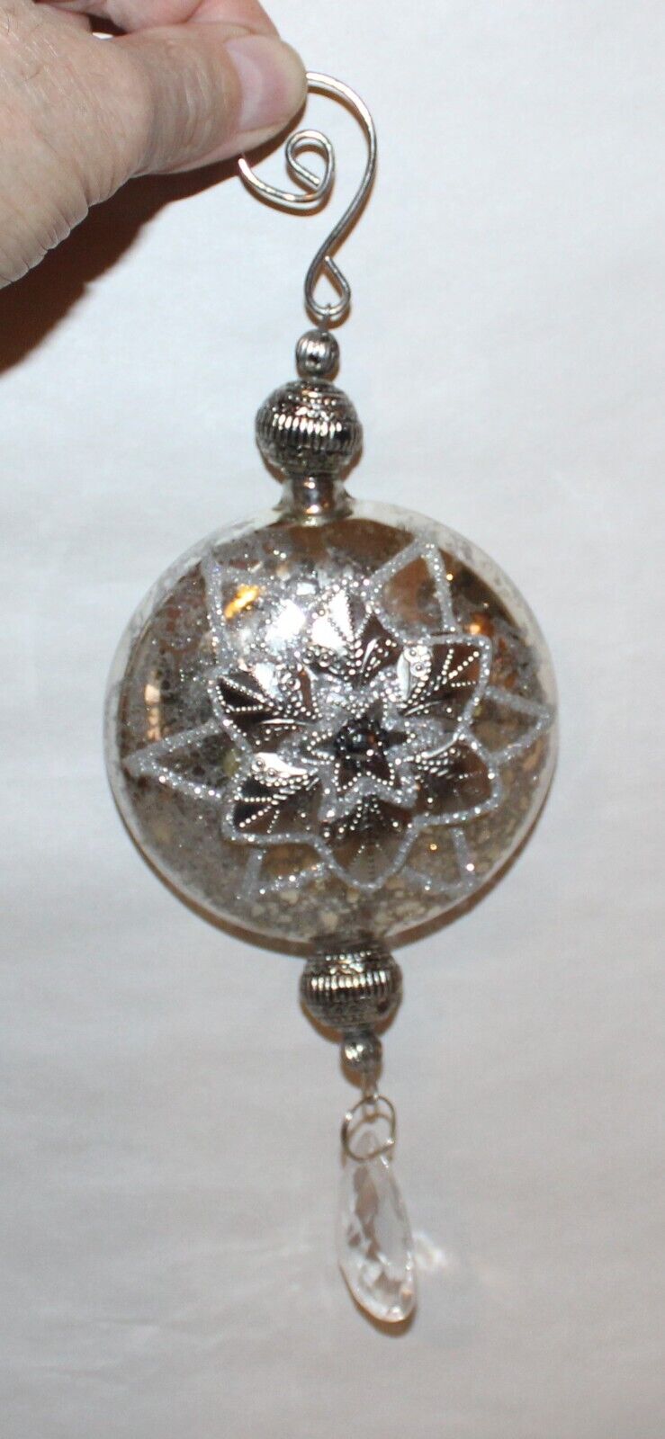 Christmas Ornament Silver Glass Medallion With Poinsettia Flower & Glass Prism