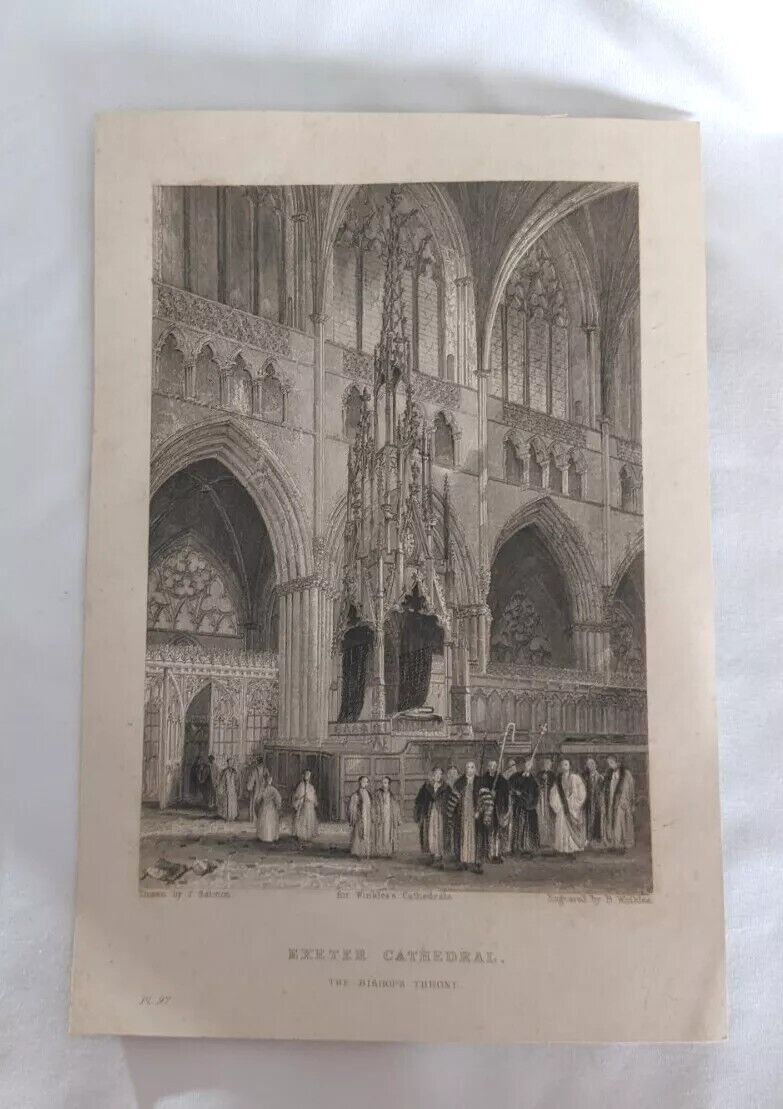 Set Of 3 Antique Engravings Of Exeter Cathedral Interior By B. Winkles 1838