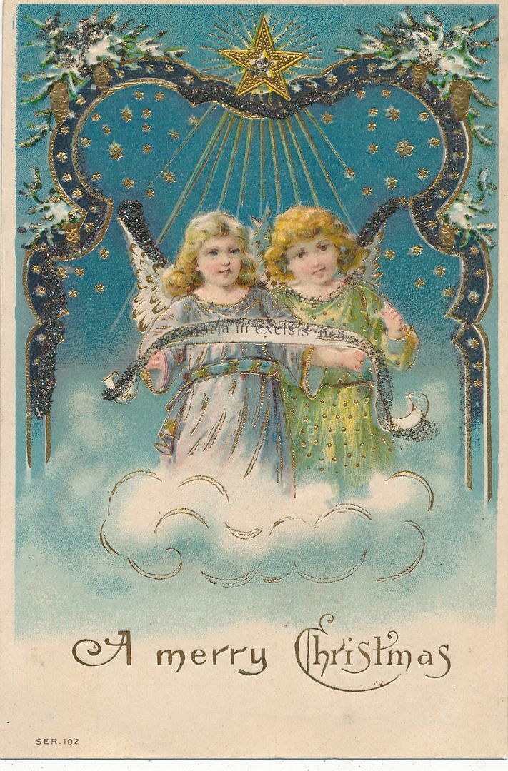 CHRISTMAS - Two Angels Holding Scroll A Merry Christmas Postcard