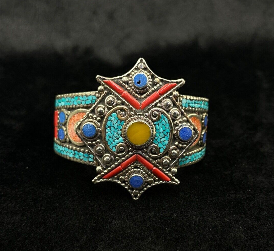 Beautiful Vintage Tibetan Nepalese Cuff Bangle With Turquoise Lapis Coral Stone