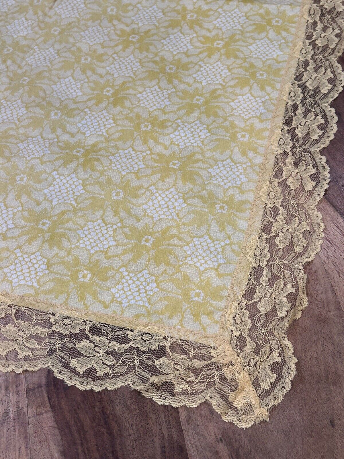 Vintage Yellow Flower And Lace Vinyl Tablecloth. 68” X 50”.