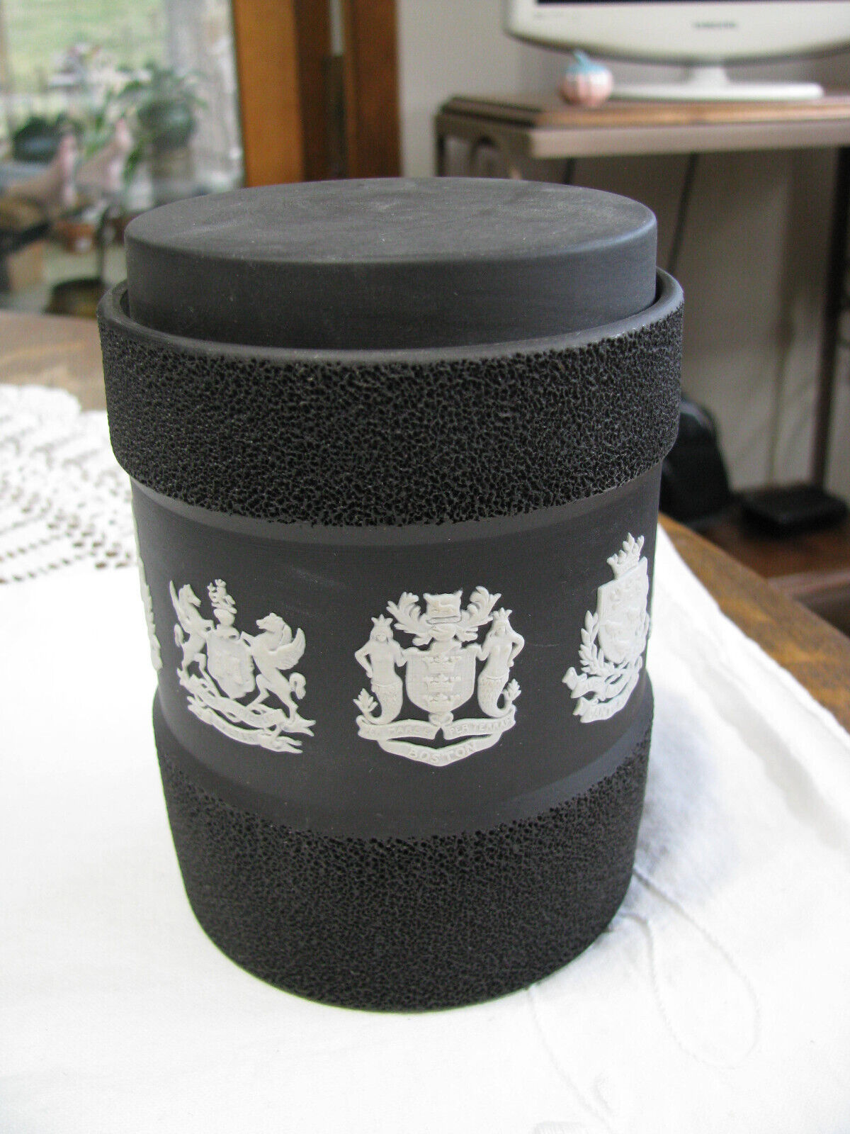 Wedgwood Black Jasperware Tobacco Canister or Humidor-#75-Various Coats of Arms
