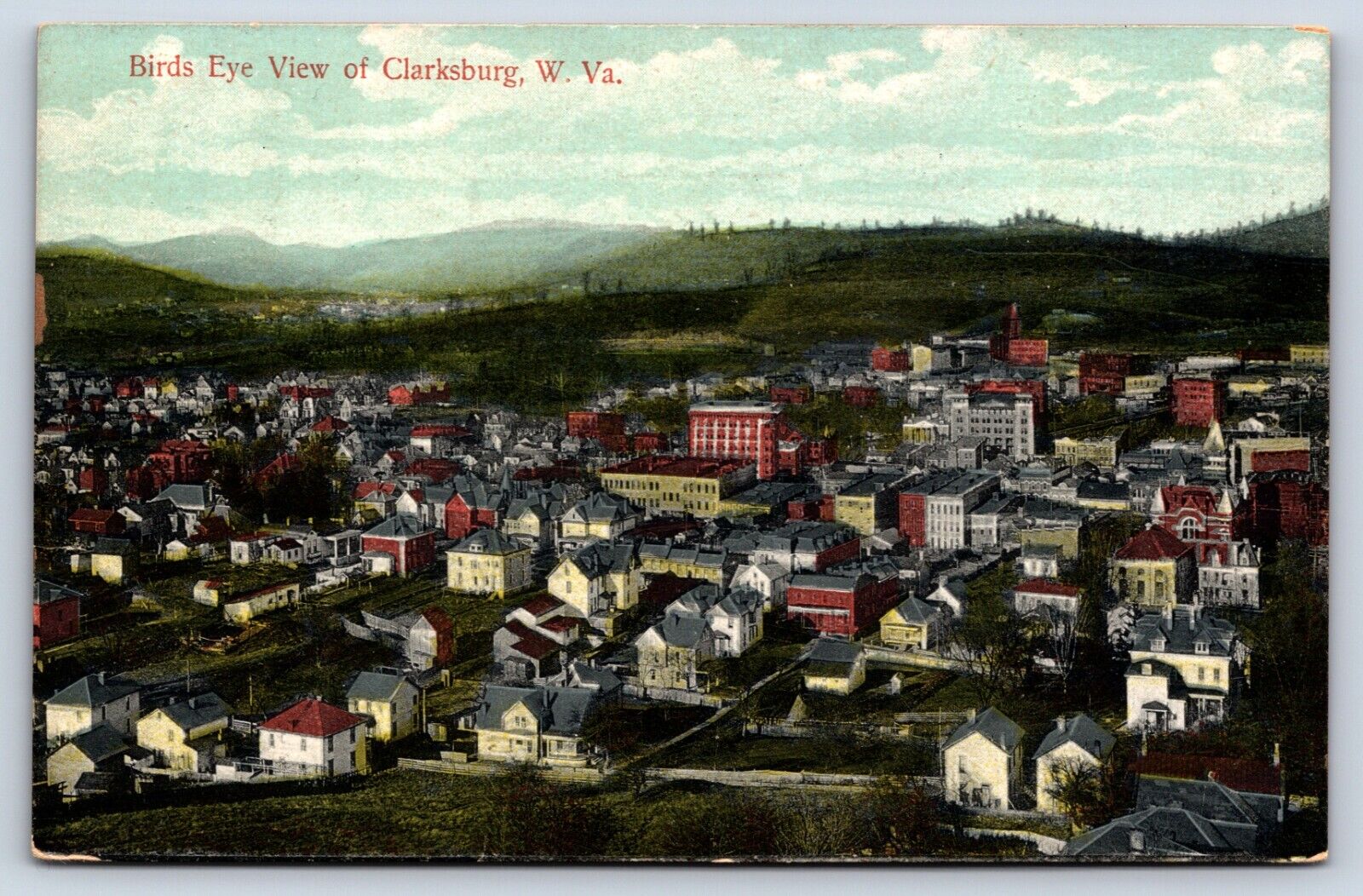 Postcard WV Clarksburg Birds Eye View Town Home Residences Streets Hills L1