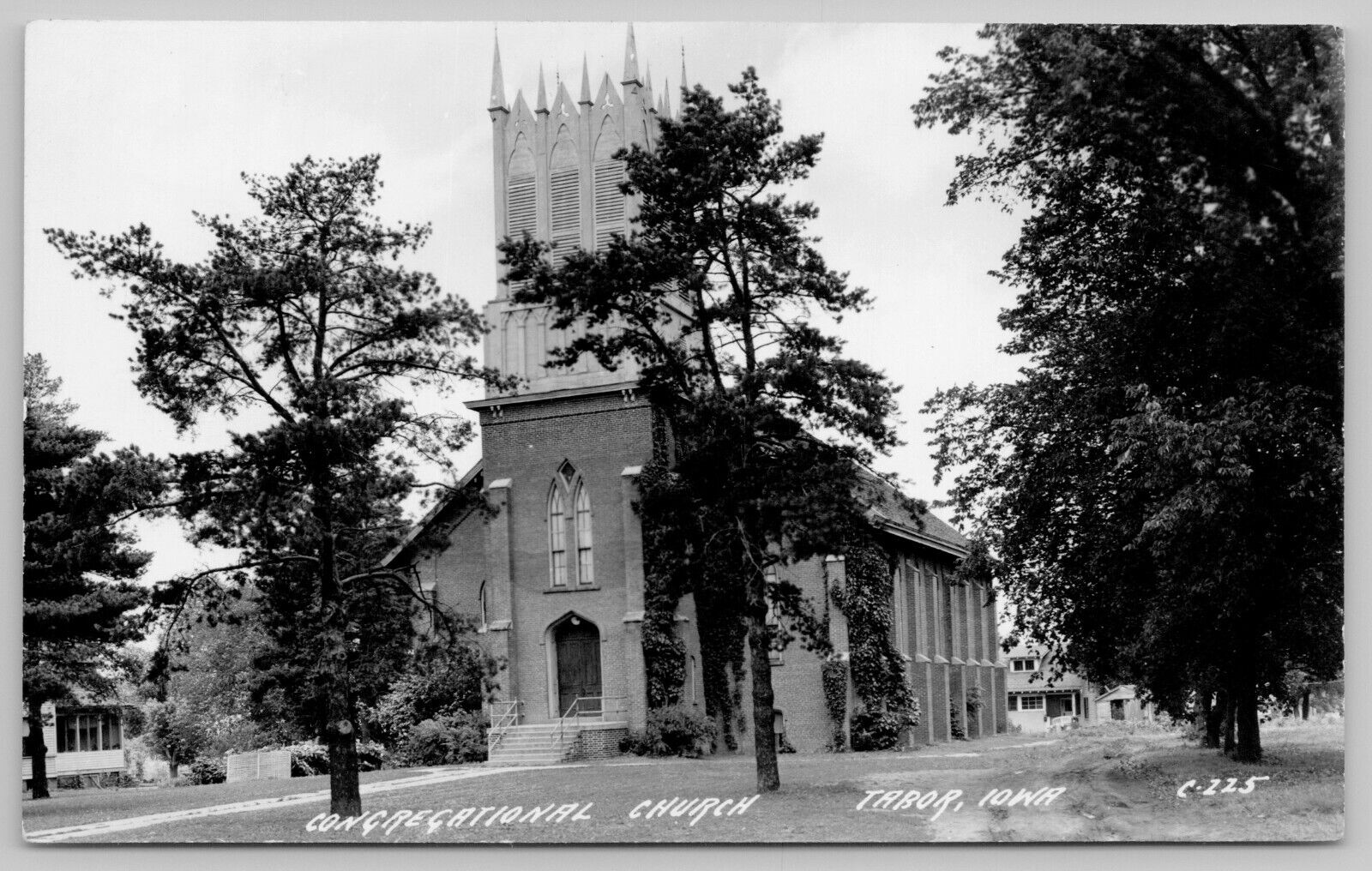 Tabor Iowa~Castellated Belltower Above Door of Congregational Church RPPC 1940s