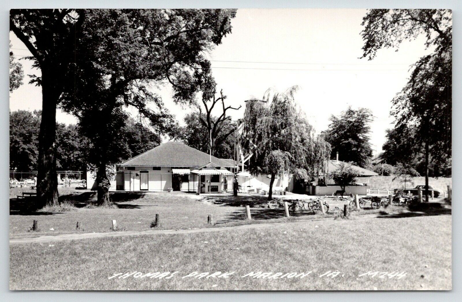 Marion Iowa~Thomas Park~Pool & Bath House~Concession Stand~Bicycles~1950s RPPC