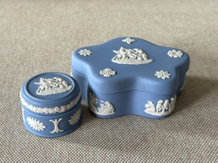 Vintage Wedgwood Set of 2 Lidded Boxes Classic Blue Jasperware