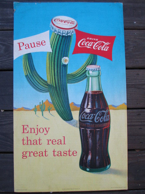 Coca-Cola 1957 Cardboard Litho Print Original Cactus Real Great Taste RARE