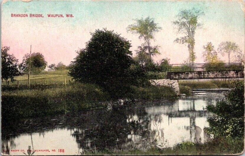 Vintage Postcard View of the Brandon Bridge Waupun Wisconsin WI 1912        1158
