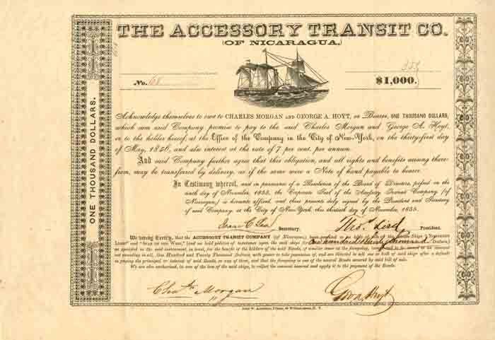 Accessory Transit Co. of Nicaragua - $1,000 Bond - Very Important - Shipping Bon