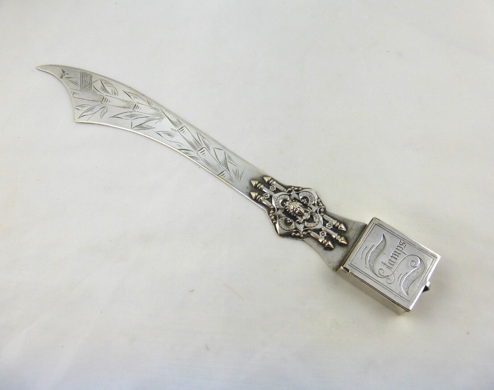 19th C Antique Quality Indian / Asian Silver Plate Letter Opener & Stamp Box