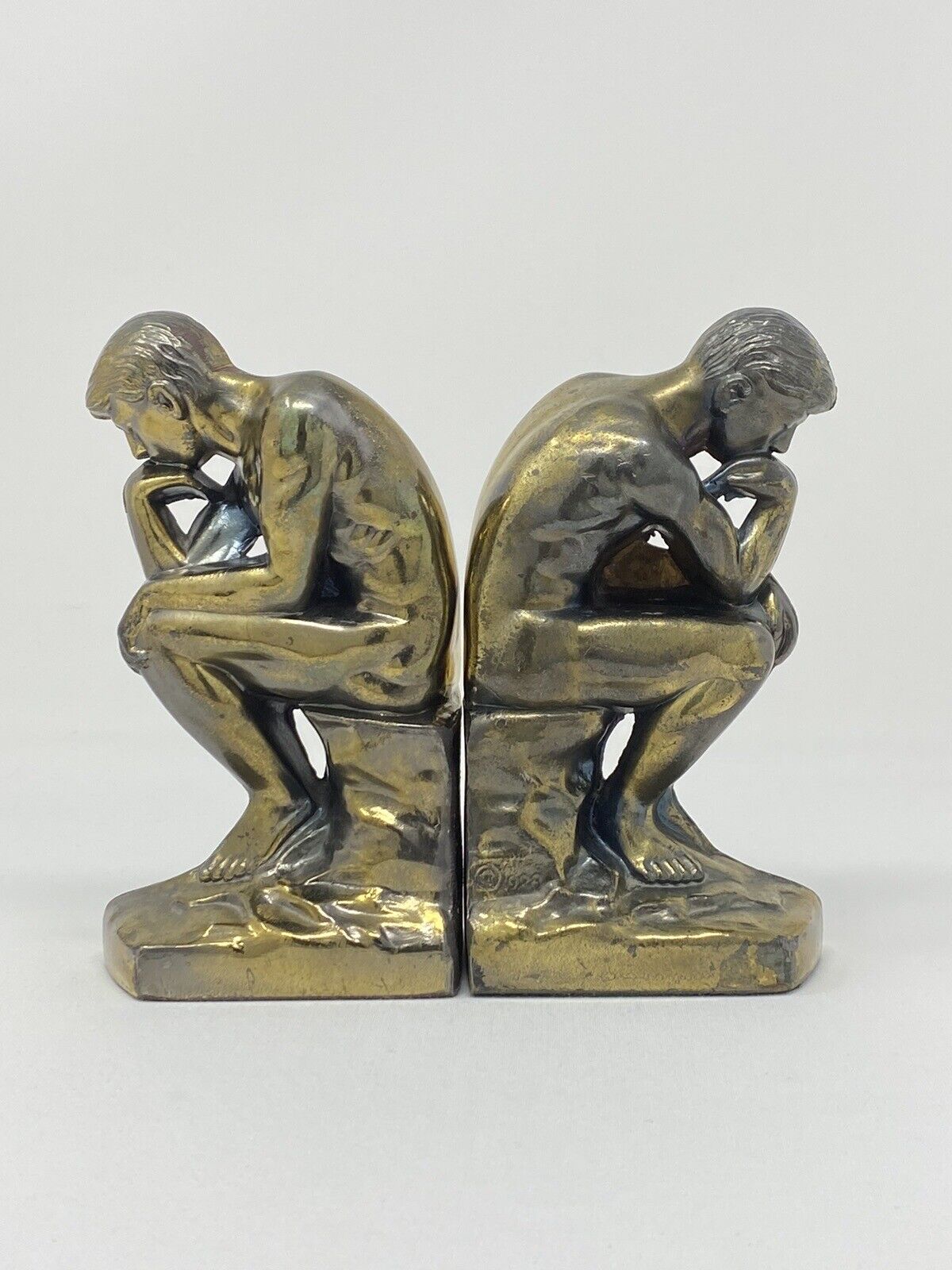 Thinking Man Bookends After Rodin’s The Thinker Cast Metal Brass Finish