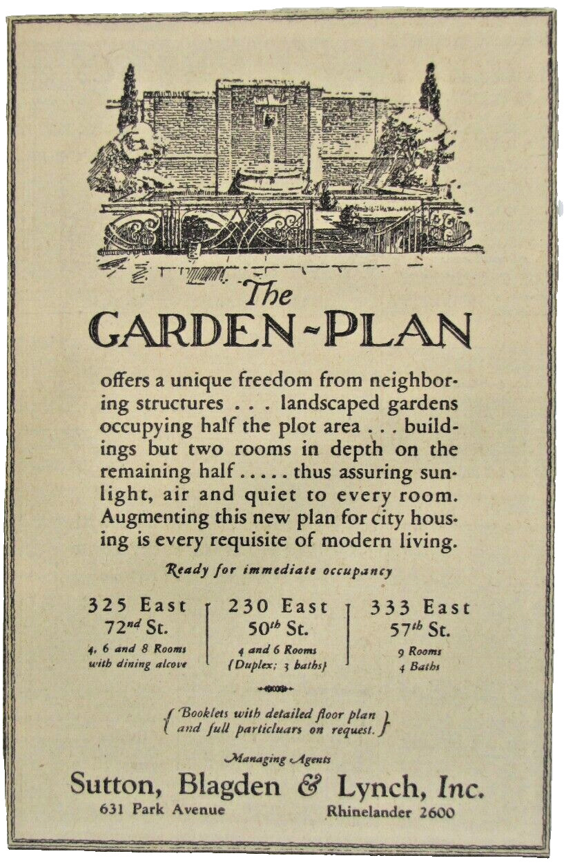 Vintage 1928 THE GARDEN PLAN Apartment Building New York Newspaper Print Ad